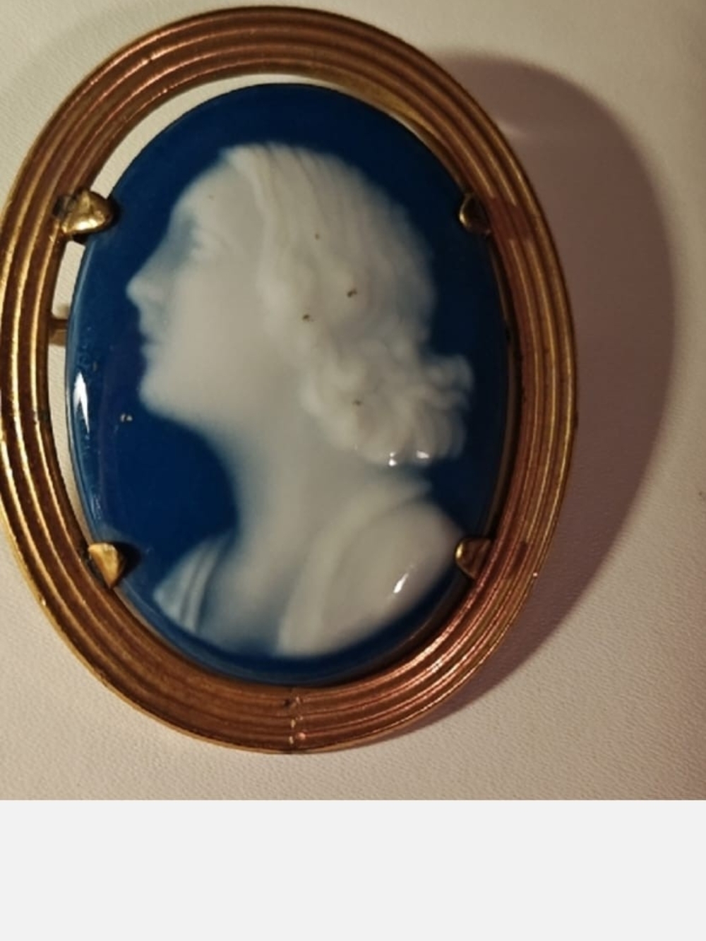 Limoges Blue and White Cameo Brooch with Gold Frame